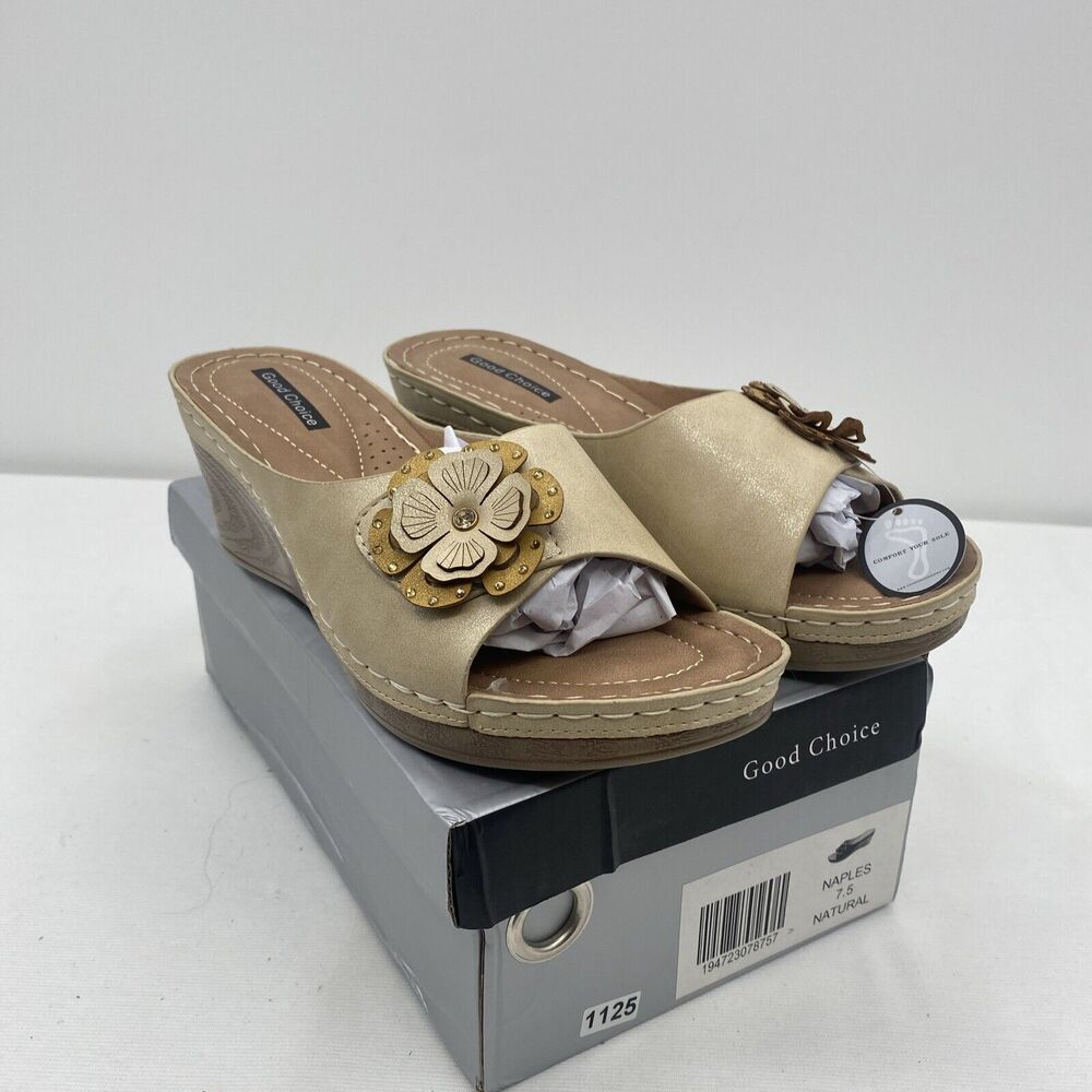 Good Choice Shoes Women's Naples Flower Wedge Sandals Size 7.5 Natural